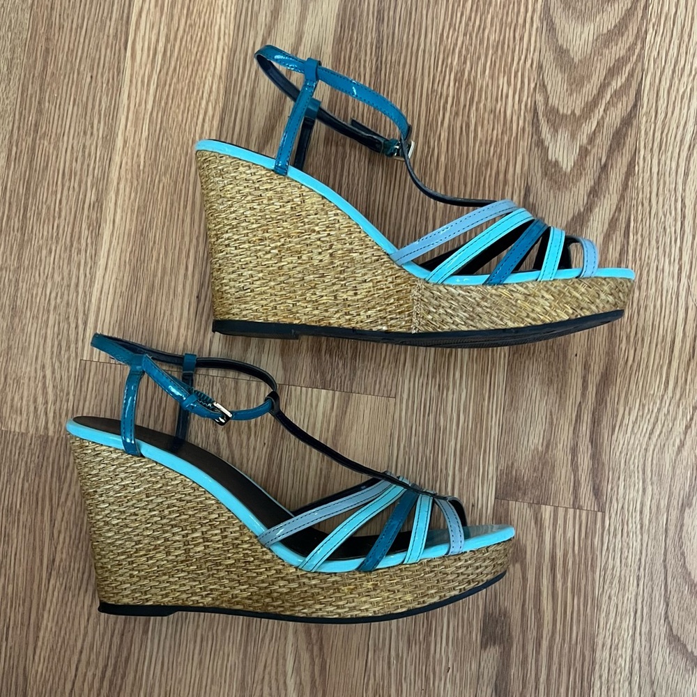 Christian Siriano for Payless wedge‎ Strappy sandals sz 9.5 turquoise t strap - Picture 4 of 14